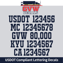 Load image into Gallery viewer, USDOT, MC, GVW, KYU &amp; CA Number Sticker Decal Lettering (Set of 2) [5 Rows of Text]
