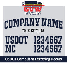 Load image into Gallery viewer, Arched Company Name with City, USDOT &amp; MC Number Decal Sticker (Set of 2) [4 Rows of Text]
