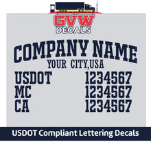 Load image into Gallery viewer, Arched Company Name with USDOT, MC &amp; CA Lettering Decal (Set of 2) [5 Rows of Text]
