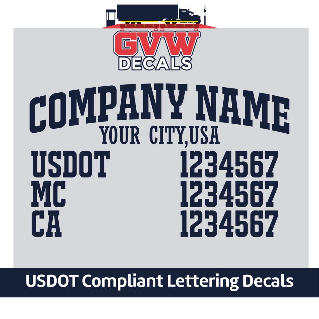 Arched Company Name with USDOT, MC & CA Lettering Decal (Set of 2) [5 Rows of Text]