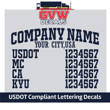 Load image into Gallery viewer, Arched Company Name with City, USDOT, MC, CA &amp; KYU Lettering Decal (Set of 2) [6 Rows of Text]
