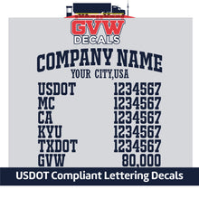 Load image into Gallery viewer, Transport Company Name Decal with USDOT, MC, CA, KYU, TXDOT &amp; GVW Lettering Decal Sticker(Set of 2) [8 Rows of Text]
