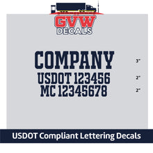 Load image into Gallery viewer, Company Name with USDOT &amp; MC Lettering Decal (Set of 2) [3 Rows of Text]
