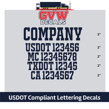 Load image into Gallery viewer, Company Name with USDOT, MC, TXDOT &amp; CA Number Sticker Lettering (Set of 2) [5 Rows of Text]
