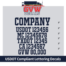 Load image into Gallery viewer, Company Name with USDOT, MC, TXDOT, CA &amp; GVW Number Decal Lettering (Set of 2) [6 Rows of Text]
