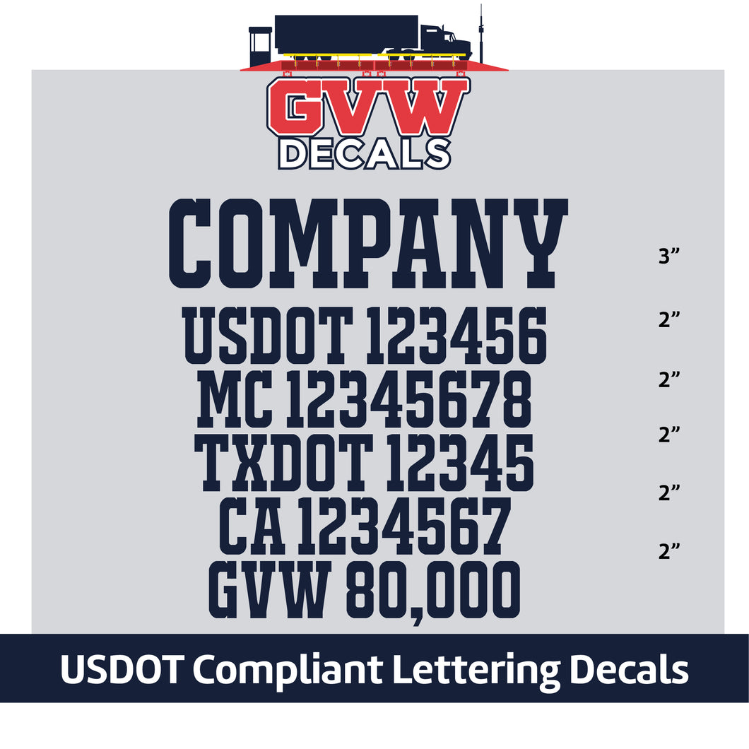 Company Name with USDOT, MC, TXDOT, CA & GVW Number Decal Lettering (Set of 2) [6 Rows of Text]