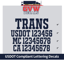 Load image into Gallery viewer, Transport Company Name with USDOT, MC &amp; CA Number Decal Sticker Lettering (Set of 2) [4 Rows of Text]
