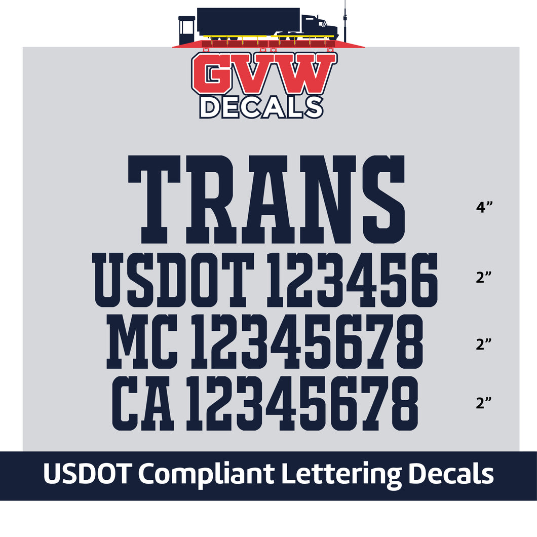 Transport Company Name with USDOT, MC & CA Number Decal Sticker Lettering (Set of 2) [4 Rows of Text]