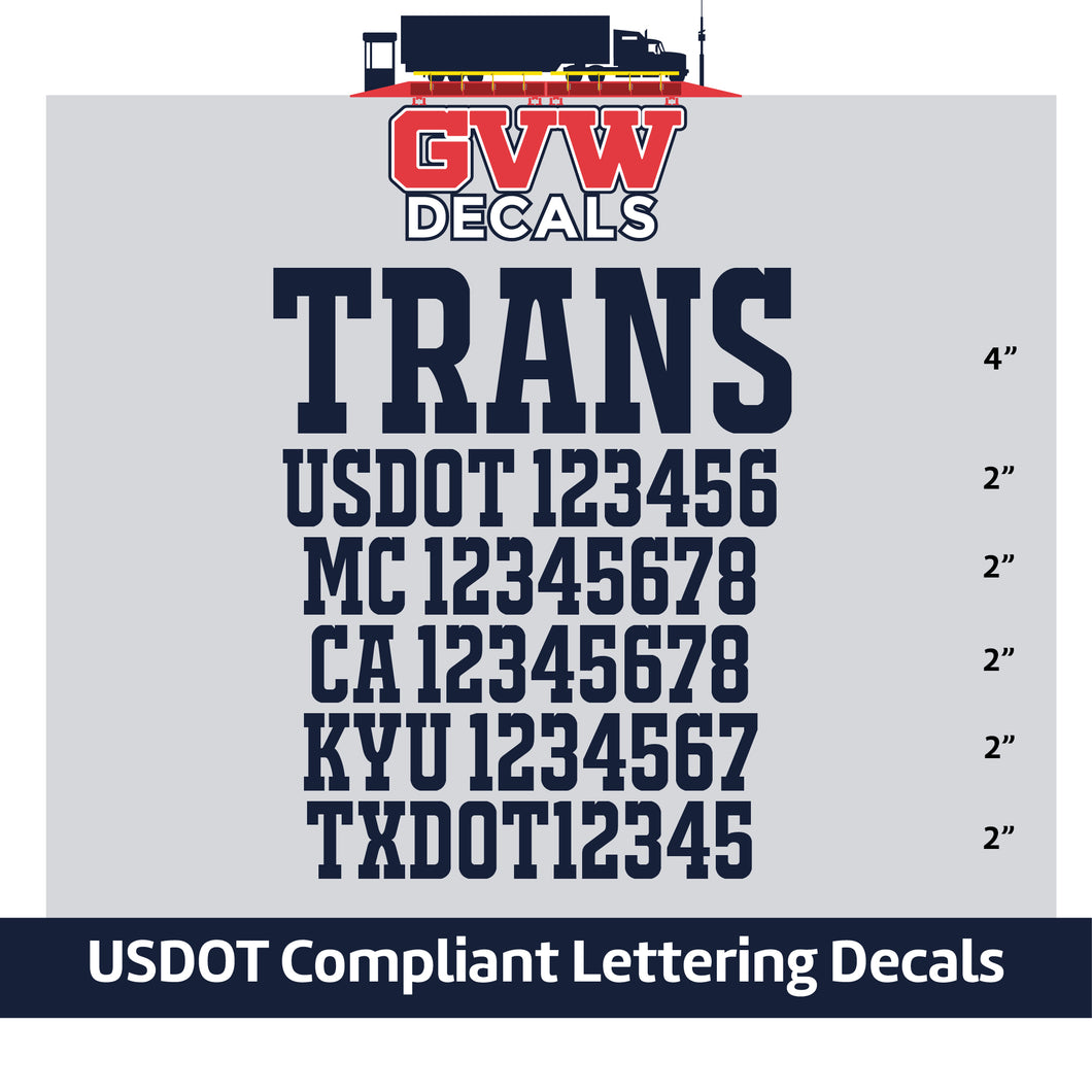 Transport Company Name with USDOT, MC, CA, KYU & TXDOT Number Decal Lettering (Set of 2) [6 Rows of Text]