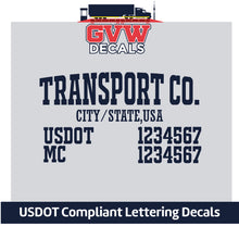 Load image into Gallery viewer, Transport Company Name with City, USDOT &amp; MC Lettering Decal Sticker (Set of 2) [4 Rows of Text]
