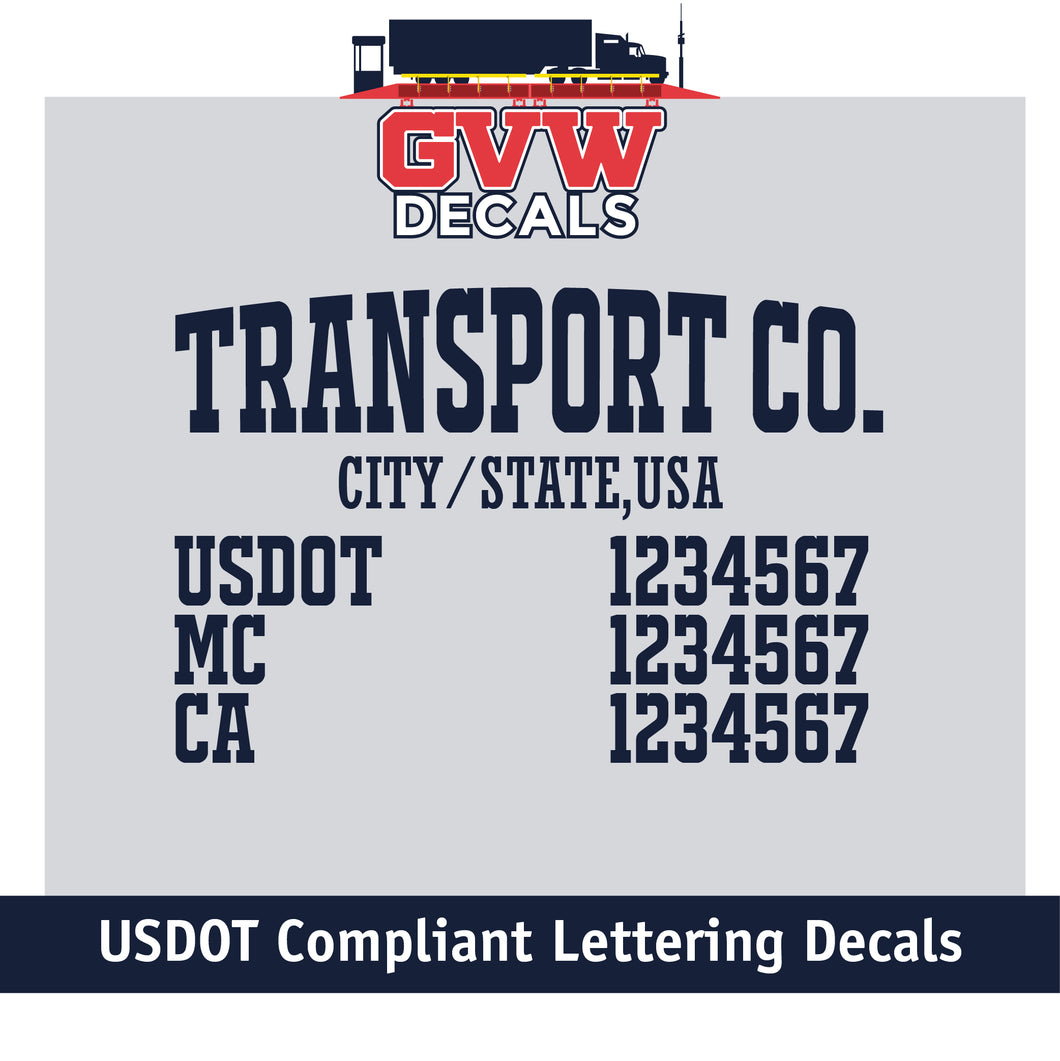 Transport Company Name with USDOT, MC & CA Number Decal Lettering (Set of 2) [5 Rows of Text]