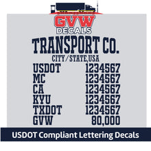 Load image into Gallery viewer, Arched Company Name with City, USDOT, MC, CA, KYU, TXDOT &amp; GVW Lettering Decal Sticker (Set of 2) [8 Rows of Text]
