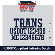 Load image into Gallery viewer, Transport Company Name with USDOT &amp; MC Lettering Decal Sticker (Set of 2) [3 Rows of Text]
