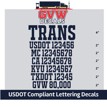 Load image into Gallery viewer, Transport Company with USDOT, MC, CA KYU, TXDOT &amp; GVW Lettering Decal Stickers (Set of 2) [7 Rows of Text]
