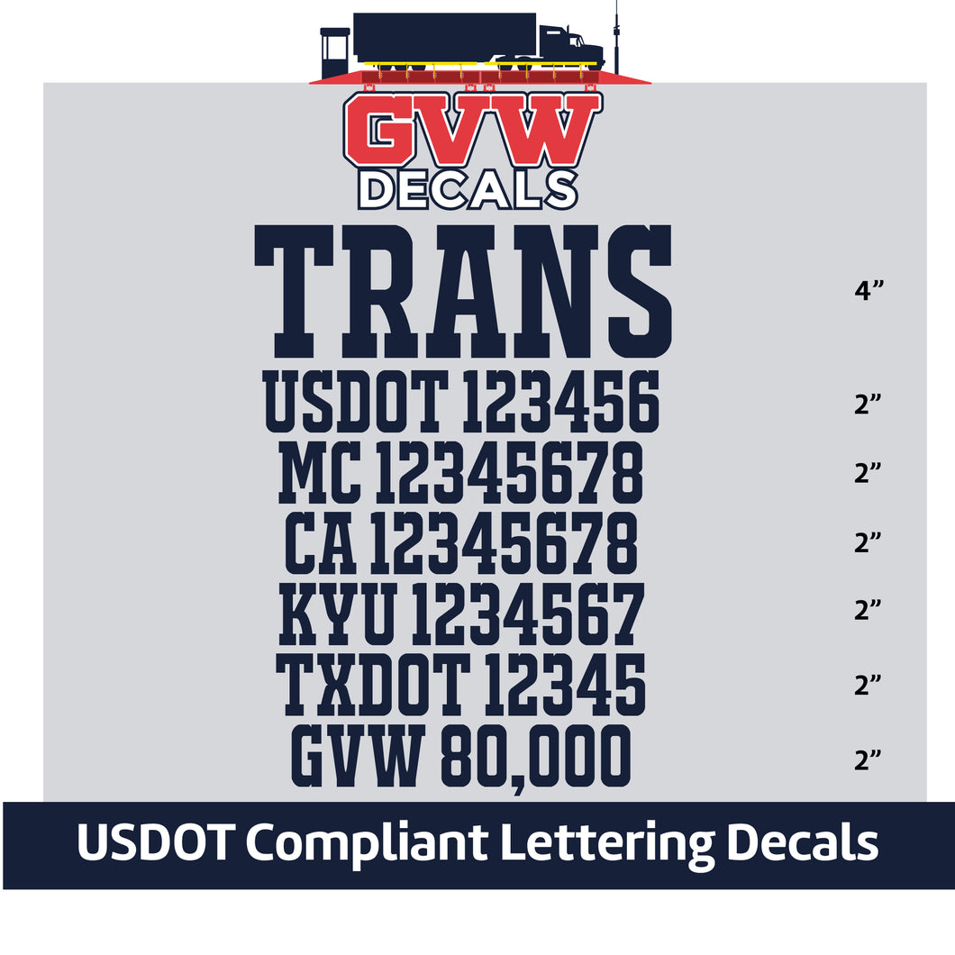 Transport Company with USDOT, MC, CA KYU, TXDOT & GVW Lettering Decal Stickers (Set of 2) [7 Rows of Text]