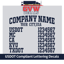 Load image into Gallery viewer, Arched Company Name with USDOT, MC, CA, KYU &amp; TXDOT Number Decal Sticker (Set of 2) [7 Rows of Text]
