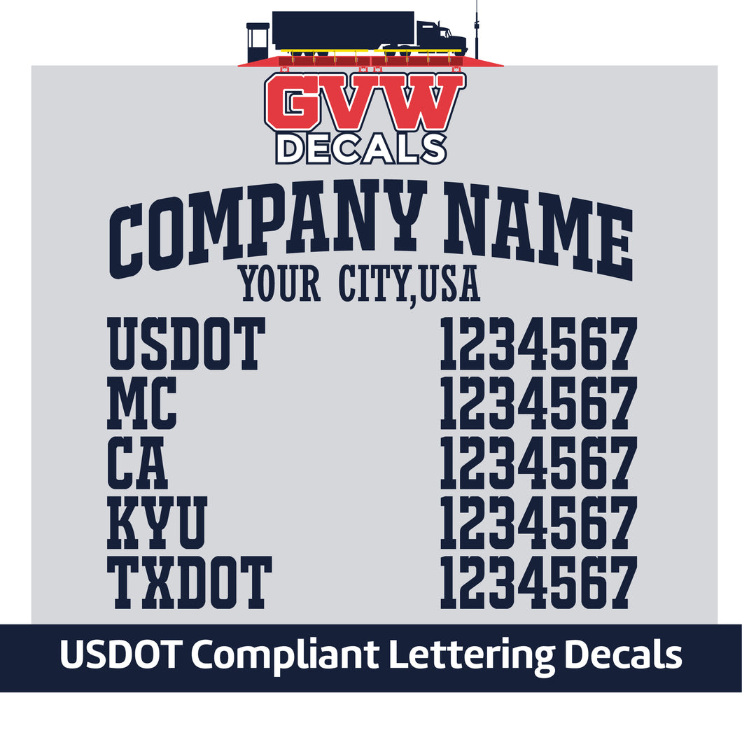 Arched Company Name with USDOT, MC, CA, KYU & TXDOT Number Decal Sticker (Set of 2) [7 Rows of Text]