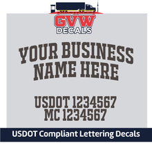 Load image into Gallery viewer, Arched Business Name with USDOT &amp; MC Lettering Decal Sticker (Set of 2) [4 Rows of Text]
