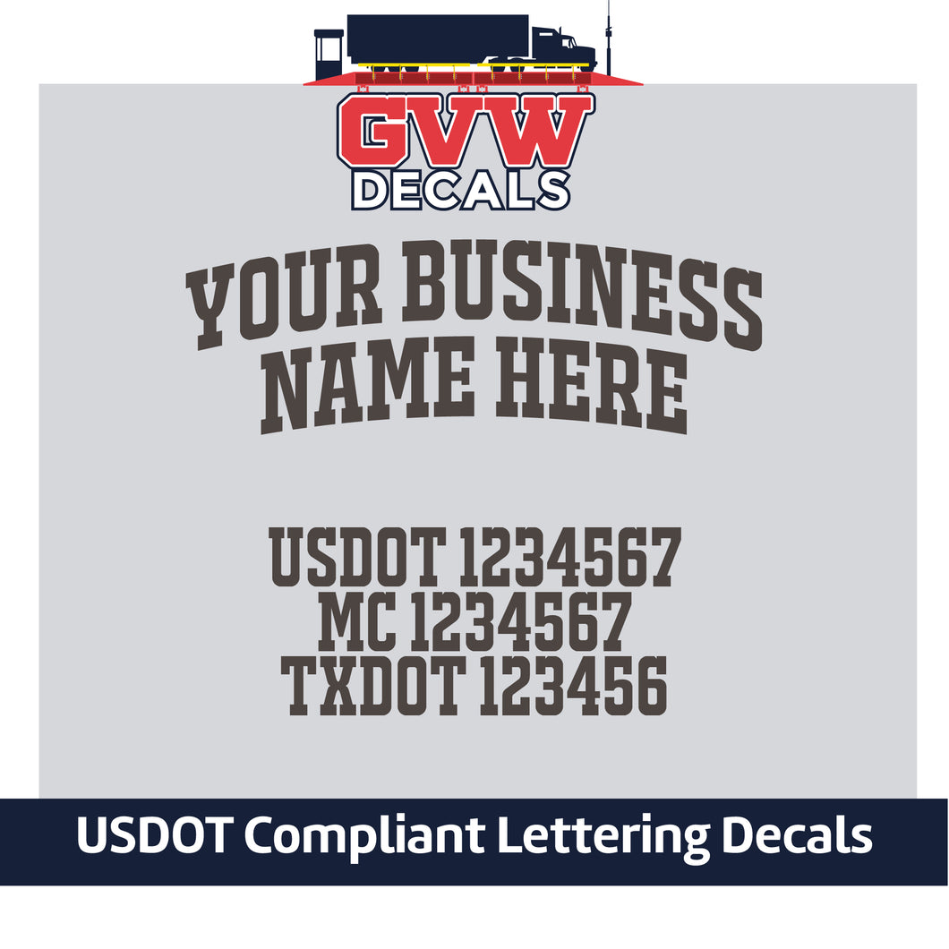 Arched Business Trucking Name with USDOT, MC & TXDOT Lettering (Set of 2) [5 Rows of Text]