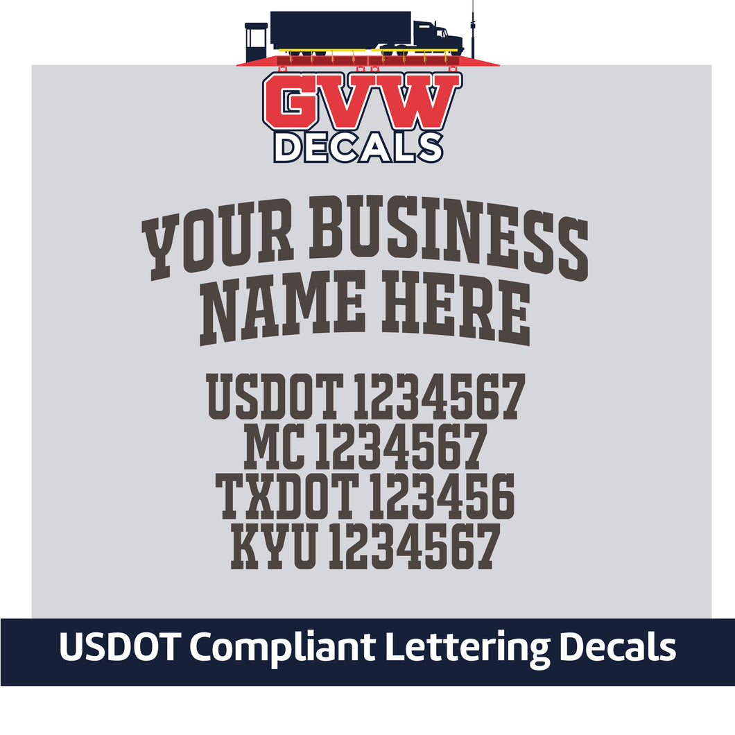 Arched Business Name with USDOT, MC, TXDOT & KYU Number Decal Lettering (Set of 2) [6 Rows of Text]