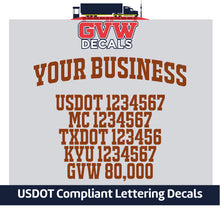 Load image into Gallery viewer, Arched Business Name with USDOT, MC, TXDOT, KYU &amp; GVW Lettering Decal (Set of 2) [6 Rows of Text]
