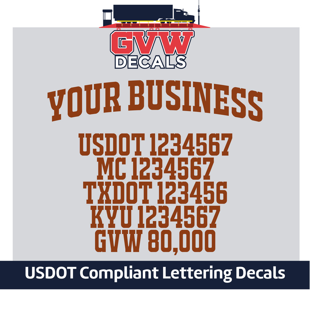 Arched Business Name with USDOT, MC, TXDOT, KYU & GVW Lettering Decal (Set of 2) [6 Rows of Text]