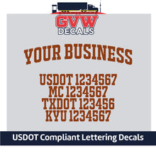 Load image into Gallery viewer, Arched Business Name with USDOT, MC, TXDOT &amp; KYU Number Lettering (Set of 2) [5 Rows of Text]
