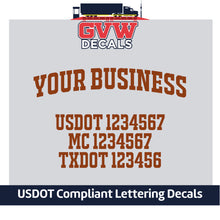 Load image into Gallery viewer, Arched Trucking Business Name with USDOT, MC &amp; TXDOT Number Lettering (Set of 2) [4 Rows of Text]
