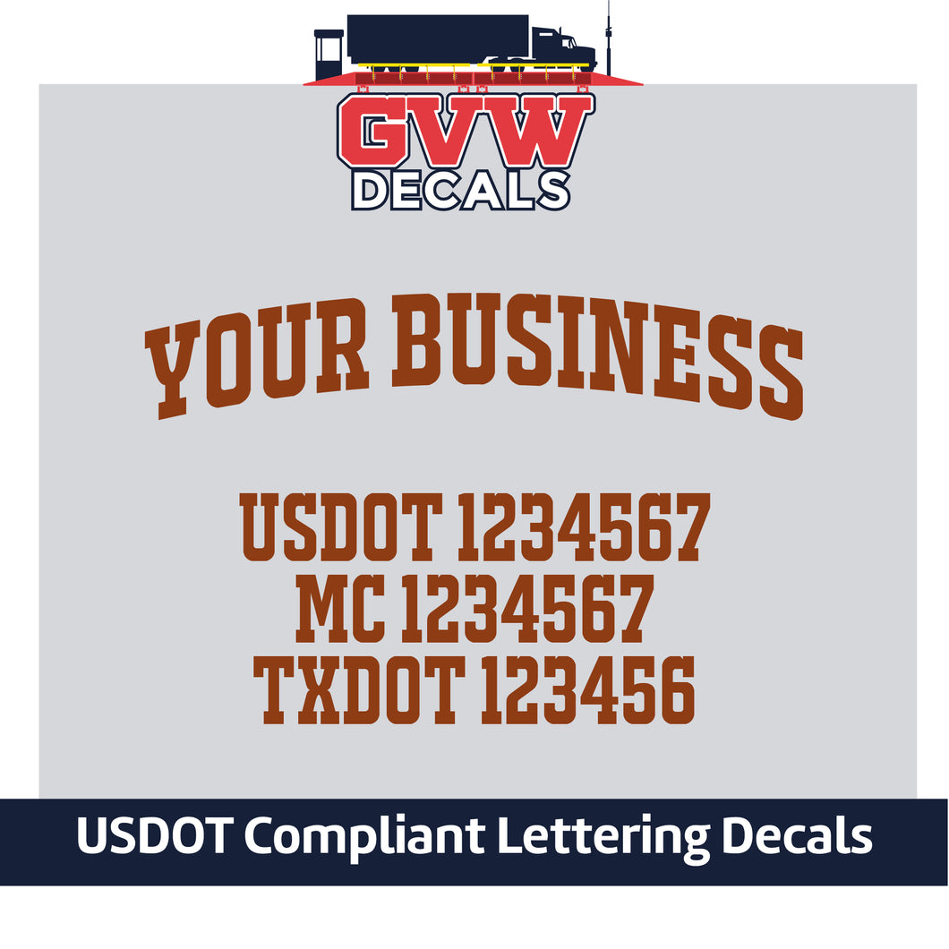 Arched Trucking Business Name with USDOT, MC & TXDOT Number Lettering (Set of 2) [4 Rows of Text]