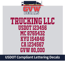 Load image into Gallery viewer, Trucking Business Name with USDOT, MC, KYU, CA &amp; GVW Lettering Decal (Set of 2) [6 Rows of Text]
