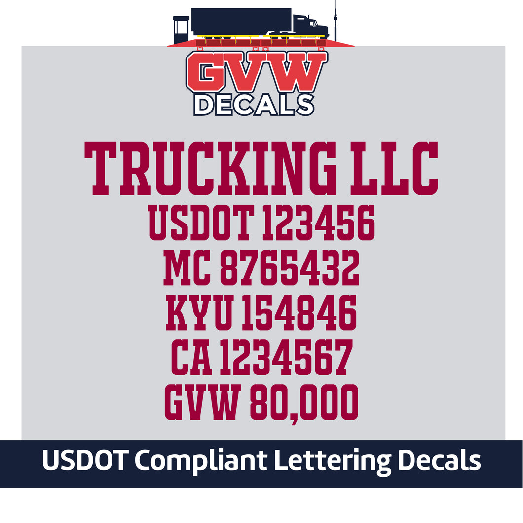 Trucking Business Name with USDOT, MC, KYU, CA & GVW Lettering Decal (Set of 2) [6 Rows of Text]