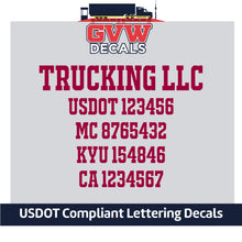 Load image into Gallery viewer, Trucking Name Door Decal with USDOT, MC, KYU &amp; CA Lettering Decal (Set of 2) [5 Rows of Text]
