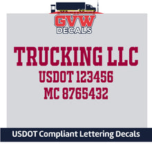 Load image into Gallery viewer, Trucking Company Name with USDOT &amp; MC Lettering Decal Sticker (Set of 2) [3 Rows of Text]
