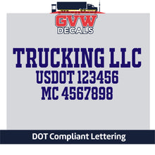 Load image into Gallery viewer, Trucking Company Name with US DOT &amp; MC Lettering Decal Sticker (Set of 2) [3 Rows of Text]
