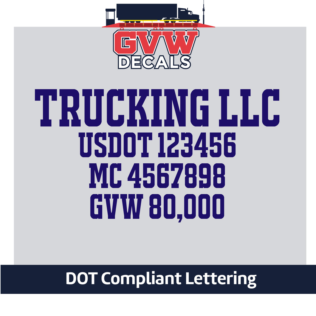 Trucking Company Name Door Decal with USDOT, MC, GVW Lettering (Set of 2) [4 Rows of Text]