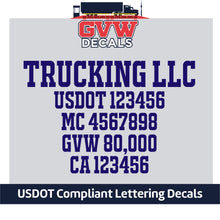 Load image into Gallery viewer, Trucking Company Name Door Decal with USDOT, MC, KYU &amp; CA Lettering Decal (Set of 2) [5 Rows of Text]
