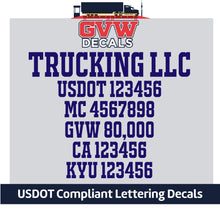 Load image into Gallery viewer, Trucking Business Name with USDOT, MC, GVW, CA &amp; KYU Lettering Decal Sticker (Set of 2) [6 Rows of Text]
