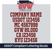 Load image into Gallery viewer, Company Name, USDOT, MC, GVW, CA &amp; KYU Lettering Decal Sticker (Set of 2) [6 Rows of Text]
