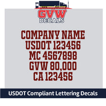 Load image into Gallery viewer, Company Name with USDOT, MC, GVW &amp; CA Number Decal Lettering (Set of 2) [5 Rows of Text]
