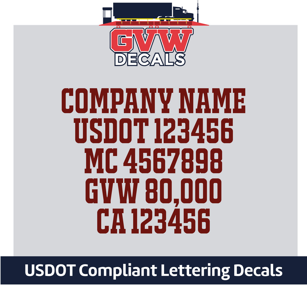 Company Name with USDOT, MC, GVW & CA Number Decal Lettering (Set of 2) [5 Rows of Text]