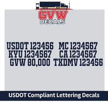 Load image into Gallery viewer, USDOT, MC, KYU, CA, GVW &amp; TXDMV Number Decal Sticker Lettering (Set of 2) [6 Rows of Text]
