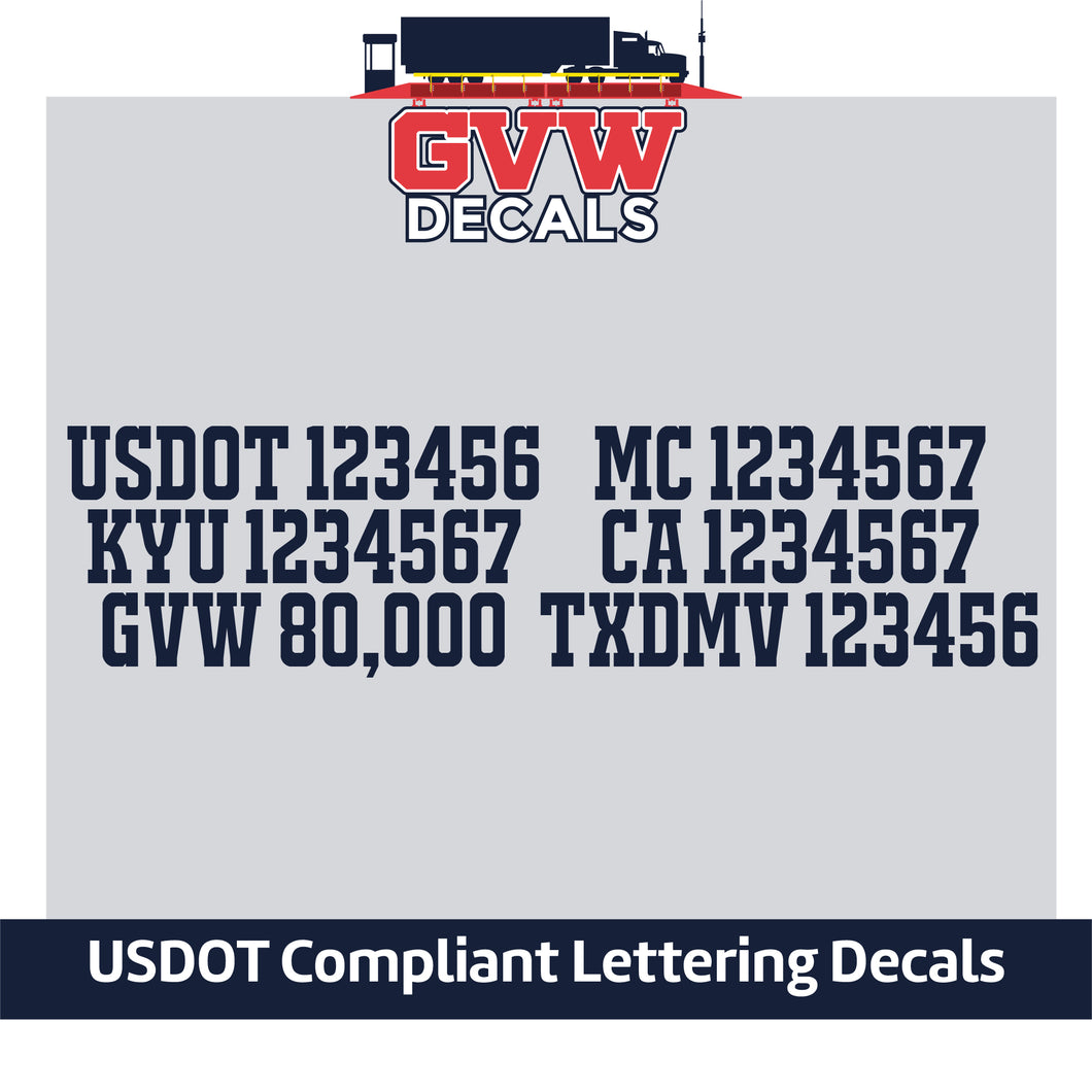 USDOT, MC, KYU, CA, GVW & TXDMV Number Decal Sticker Lettering (Set of 2) [6 Rows of Text]