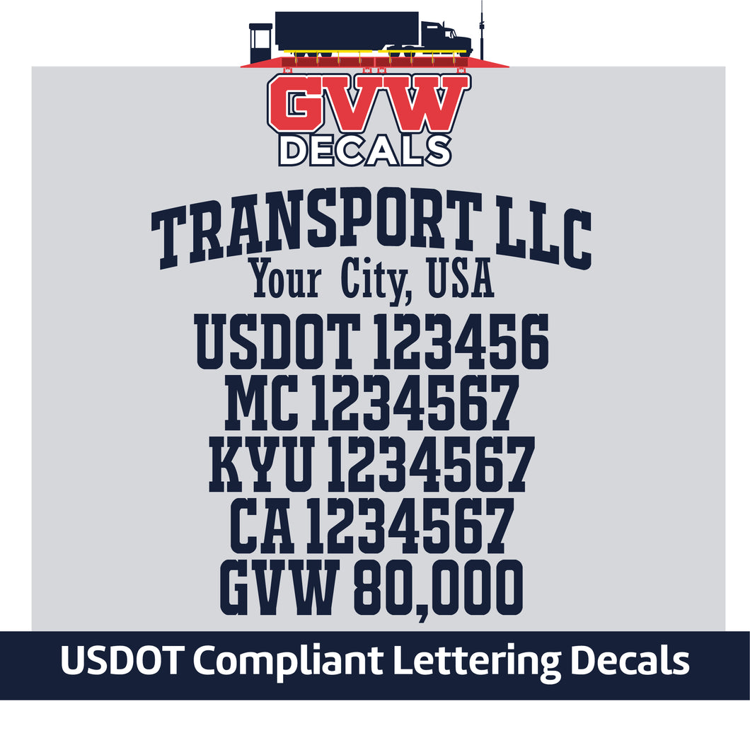 Transport Company Name with USDOT, MC, KYU, CA & GVW Lettering Decal Sticker (Set of 2) [7 Rows of Text]