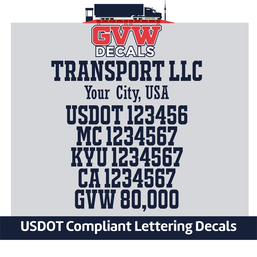 Transport Company Name with USDOT, MC, KYU, CA & GVW Lettering Decal (Set of 2) [7 Rows of Text]