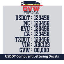 Load image into Gallery viewer, USDOT, MC, KYU, CA, TXDOT, VIN &amp; GVW Number Sticker Decal Lettering (Set of 2) [7 Rows of Text]
