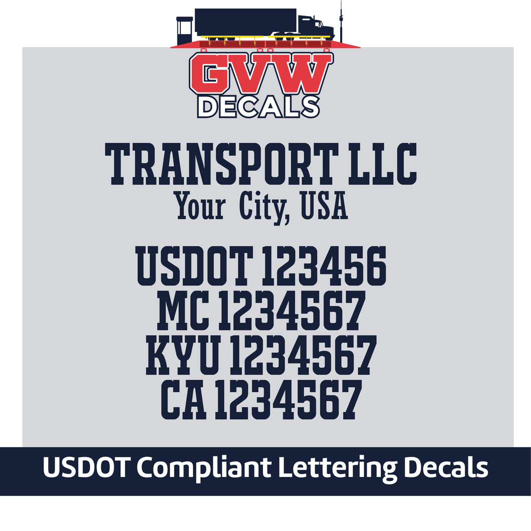 Transport Company Name with USDOT, MC, KYU & CA Number Decal Sticker (Set of 2) [6 Rows of Text]