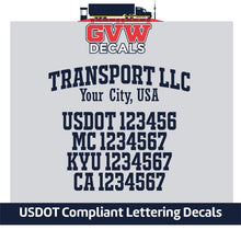 Load image into Gallery viewer, Arched Transport Company Name with USDOT, MC, KYU &amp; CA Number Decal Sticker (Set of 2) [6 Rows of Text]
