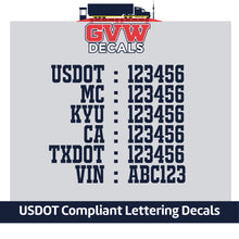 Load image into Gallery viewer, USDOT, MC, KYU, CA, TXDOT &amp; VIN Number Decal Sticker (Set of 2) [6 Rows of Text]
