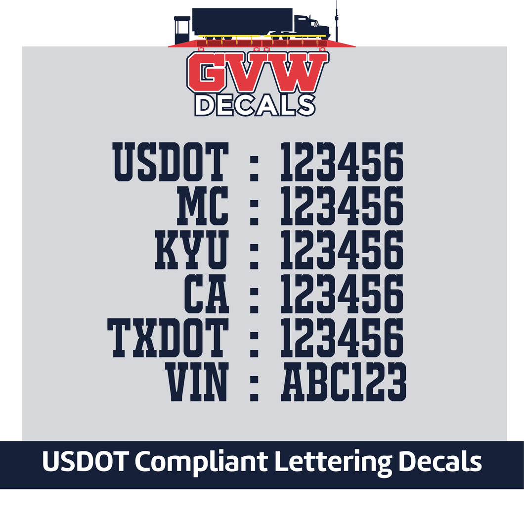 USDOT, MC, KYU, CA, TXDOT & VIN Number Decal Sticker (Set of 2) [6 Rows of Text]