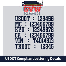 Load image into Gallery viewer, USDOT, MC, KYU, CA, VIN &amp; TXDOT Number Sticker Decal (Set of 2) [6 Rows of Text]
